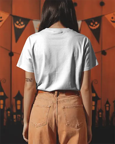 Spooky Halloween Party Tshirt Mockup With Pumpkin Banner And Spooky House Background