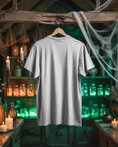 Spooky Halloween Themed Tshirt Mockup With Haunted House Background And Cobweb Decor