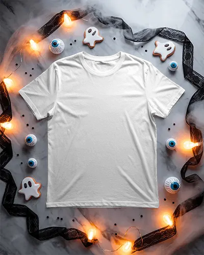 Spooky Halloween Tshirt Mockup With Ghost Cookies Eyeball Decor And Glowing Lights