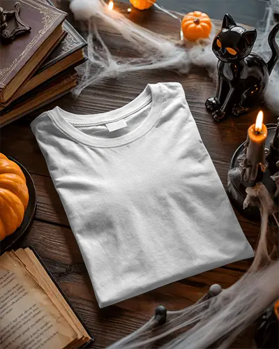 Halloween Themed Tshirt Mockup With Spooky Cat Pumpkin Candle And Old Books Layout