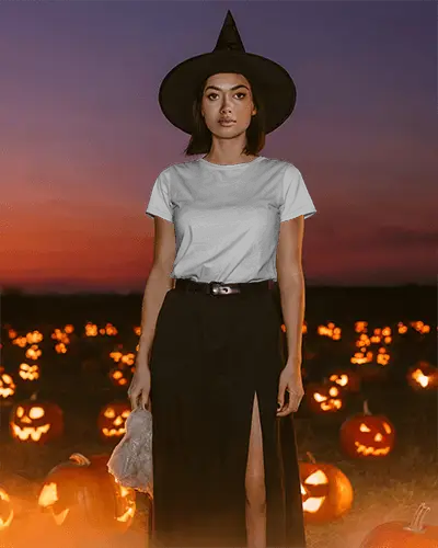 Spooky Halloween Tshirt Mockup Portrait With Witch Hat And Candlelit Background