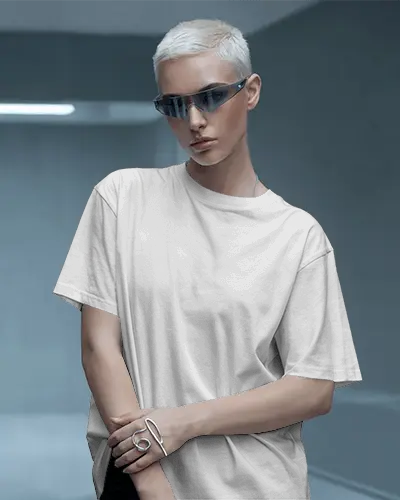 Futuristic Tshirt Mockup Female Model With Short Platinum Hair And Sleek Sunglasses