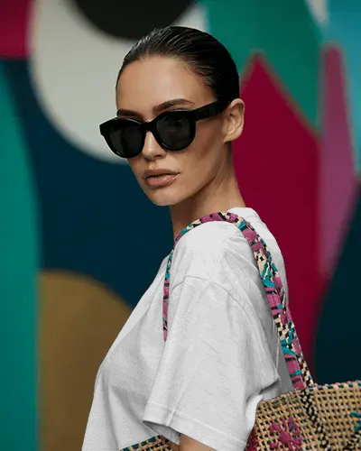 Street Style Tshirt Mockup Female Model With Sunglasses And Woven Bag Colorful Background