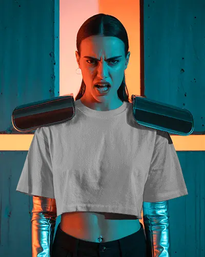 Futuristic Cropped Tshirt Mockup Female Model With Metallic Sleeves And Bold Expression