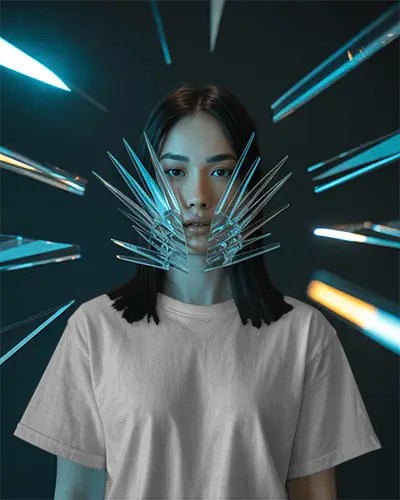 Futuristic Portrait Tshirt Mockup With Glass Shards And Cyberpunk Lighting Dark Background