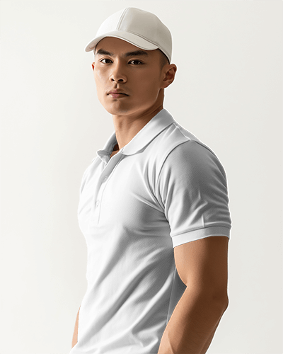 Asian Male Model Wearing A White Polo T Shirt Mockup And White Cap