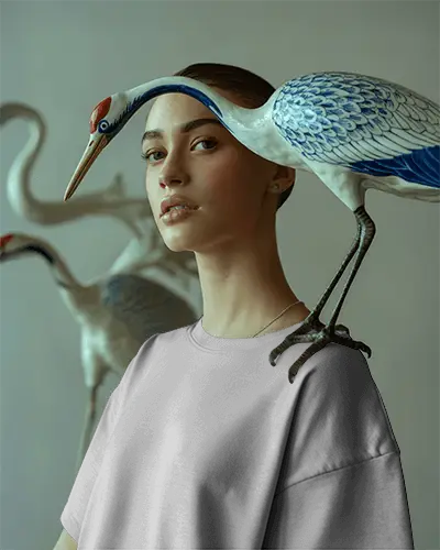 Artistic Tshirt Mockup With Elegant Woman And Crane Bird Composition Natural Tones