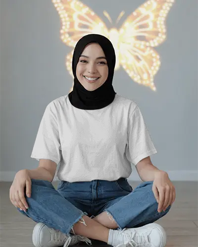 Comfortable Cotton Easy Fit Casual Wear Women Plain Tshirt Mockup Sitting Crosslegged