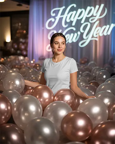 Happy New Year Celebration Mockup With Woman Surrounded By Party Balloons And Text