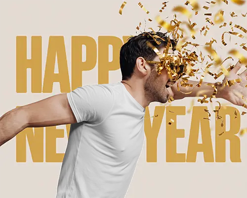 Festive New Year Mockup With Man Celebration And Streamers Happy New Year Background