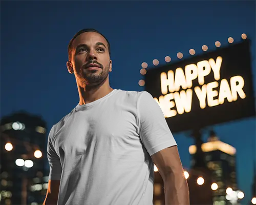 Urban New Year Celebration Mockup With Man Standing City Lights Background