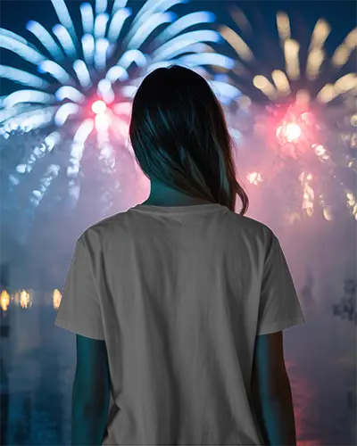 New Year Celebration Tshirt Mockup With Woman Viewing Fireworks At Night Event