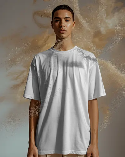 New Year Mockup Portrait Young Man Wearing Plain Tshirt Isolated On Artistic Background