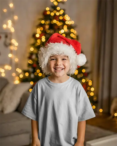 Happy Child In Santa Hat With Glowing Christmas Mockup Lights Background Holiday