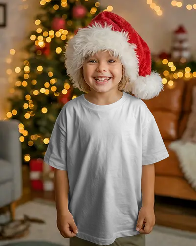 Happy Child Wearing Christmas Mockup Santa Hat With Christmas Tree And Gifts Background