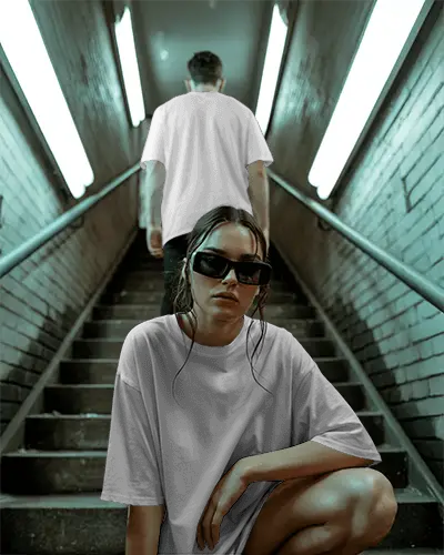 Edgy Subway Tshirt Mockup With Moody Duo In Gritty Underground Stairwell