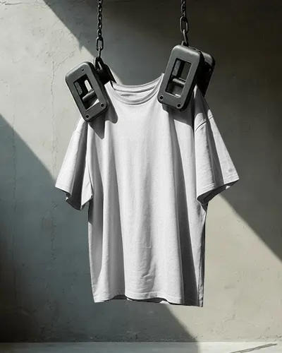 Industrial Art Tshirt Mockup With Hanging Chains And Raw Concrete Light Play