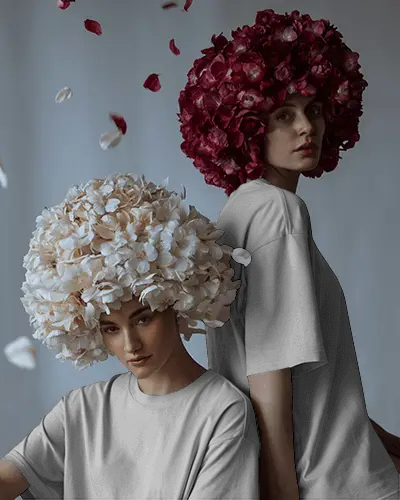 Floral Editorial Tshirt Mockup With Two Models Wearing Voluminous Blooming Headpieces