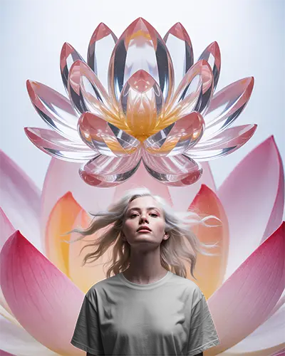 Front View Minimalist Tshirt Mockup With Girl Standing Before Crystal Flower Backdrop