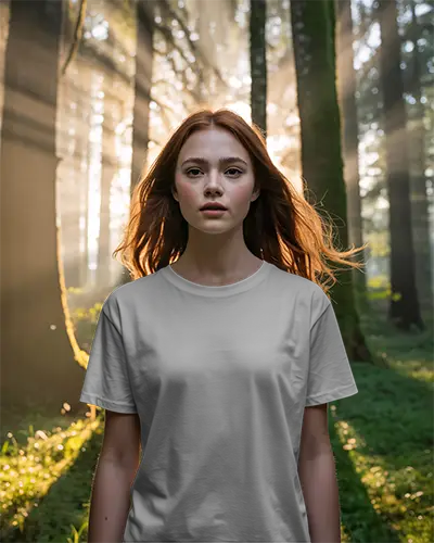 Trendy Womens Casual Tshirt Mockup In Natural Woodland Setting With Sunbeam Effects