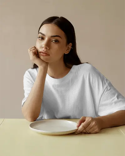 Relaxed Comfortable Casual T Shirt Mockup Woman Sitting Modern Minimalist Style Fashion