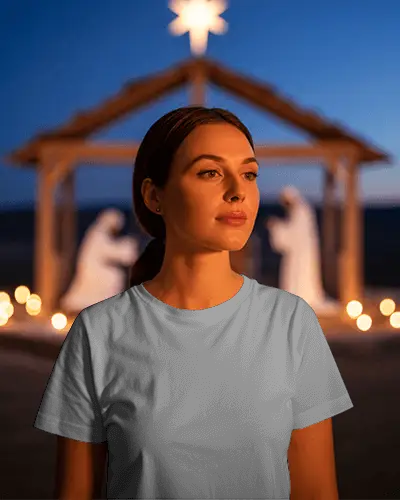 Christmas Tshirt Mockup Female Model By Nativity Scene In Warm Evening Holiday Glow