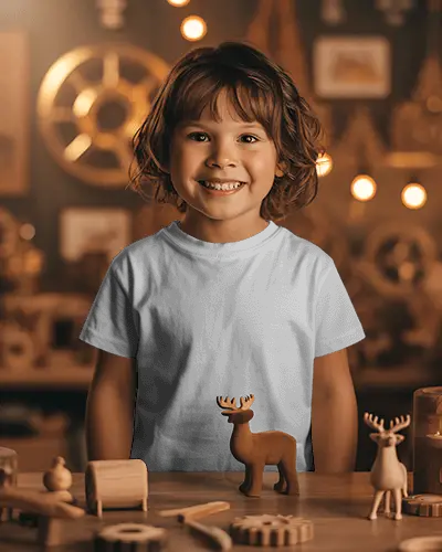 Christmas Tshirt Mockup Smiling Child In Cozy Wooden Toy Workshop Warm Holiday Light
