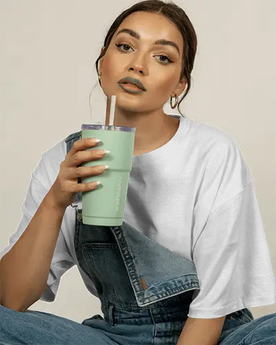 Casual Loose Fit Tshirt Mockup Women Posing With Drink Fashionable Street Style Urban