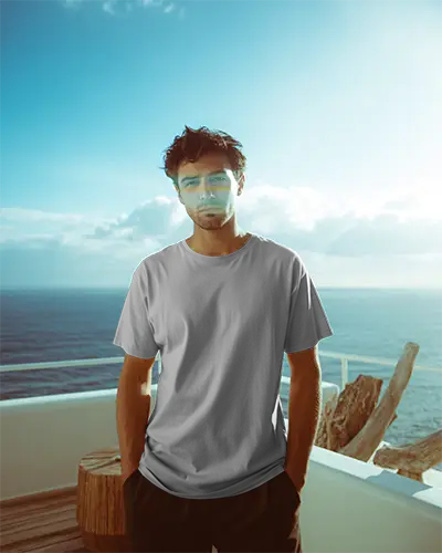 Realistic Male Tshirt Mockup On Model Outdoor Summer Scene For Graphic Tees Promotion