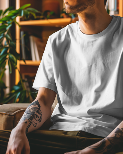 Slim Man Sitting On Sofa Wearing Tshirt Mockup