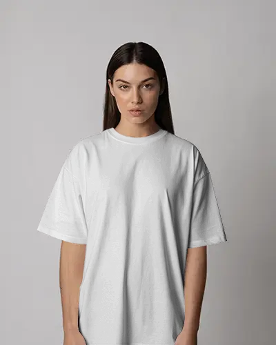 Front Facing T Shirt Mockup Female Model In Clean Neutral Studio Lighting