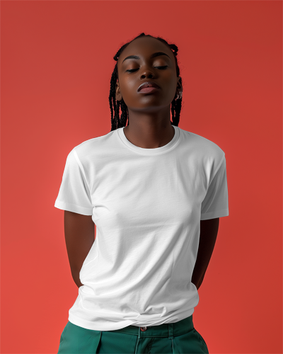 African Woman Wearing Round Neck Tshirt Mockup In Red Studio