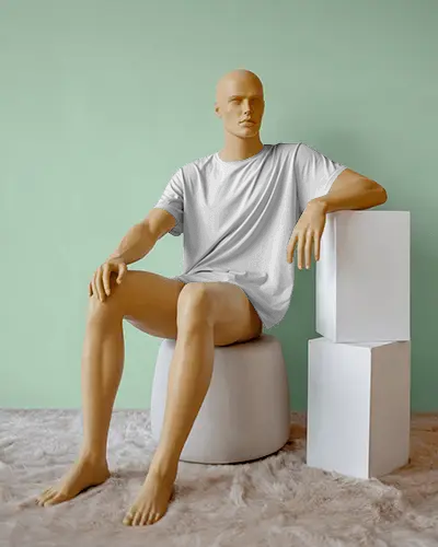 Seated Mannequin Tshirt Mockup Modern Studio Scene With Cubes And Minimal Backdrop