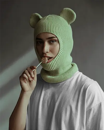 Fashion Editorial T Shirt Mockup Female Model Wearing Knit Balaclava Soft Studio Light