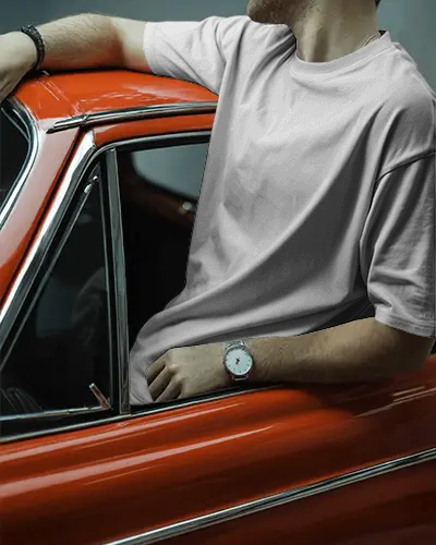 Lifestyle T Shirt Mockup Male Model Leaning On Vintage Car Urban Fashion Style