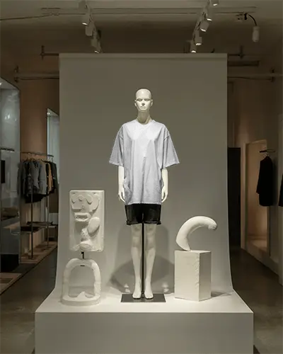 Modern Minimalist Tshirt Mockup With Artistic Sculpture Display For Fashion Brand Promotion