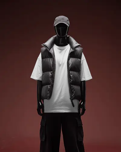 Urban Streetwear Casual Loosefit Tshirt Mockup With Puffer Vest And Cargo Pants Style