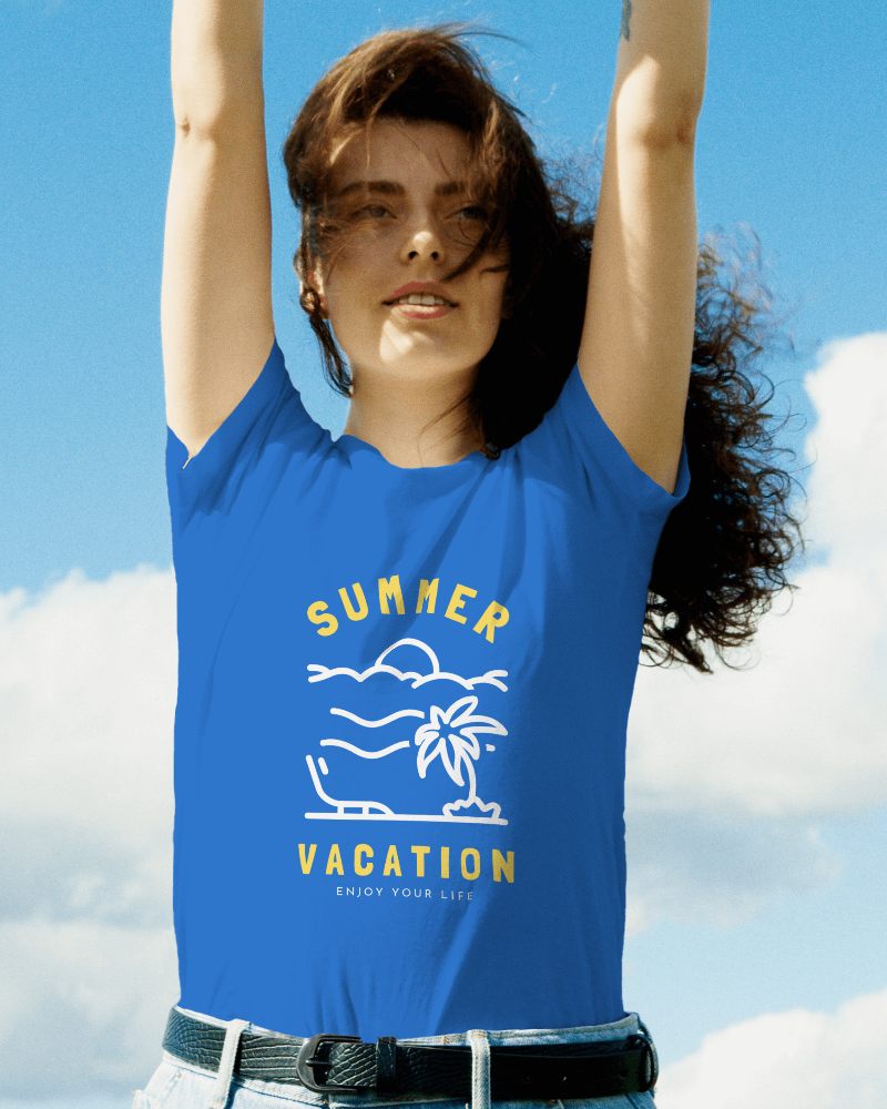 Woman Tshirt Mockup With Hands In The Sky