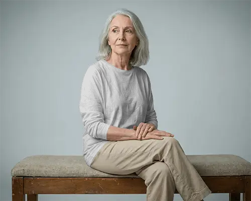 Comfortable Casual Long Sleeve Tshirt Mockup Elderly Woman Sitting Indoor Stylish Apparel