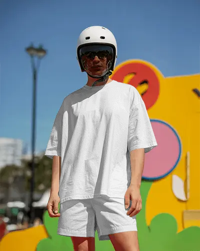 Street Style T Shirt Mockup Male Model In Casual Summer Outfit With Colorful Backdrop