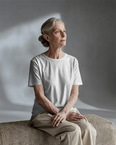 Tshirt Mockup Senior Female Model Seated In Minimal Studio Soft Natural Lighting