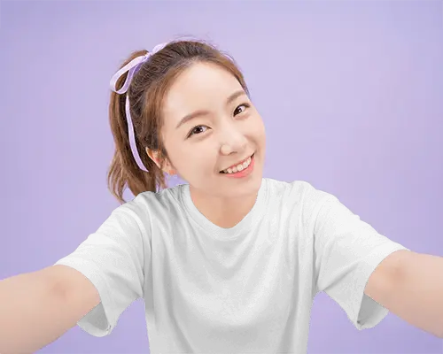 Selfie Angle Female T Shirt Mockup Smiling Model Reaching Toward Camera