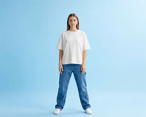 Full Body Womens T Shirt Mockup Model Standing Confidently Against Clean Blue Studio