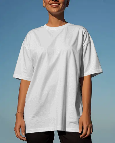 Outdoor Front View T Shirt Mockup Female Model Standing Under Clear Blue Sky