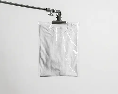 Packaged Folded T Shirt Mockup Hanging From Metal Clamp In Clear Plastic Wrap