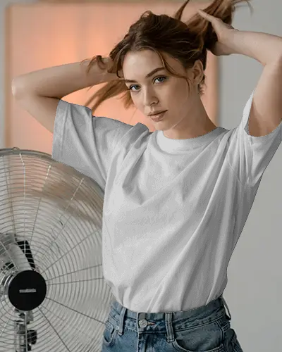 Lifestyle Studio T Shirt Mockup Female Model Tying Hair Soft Warm Indoor Light