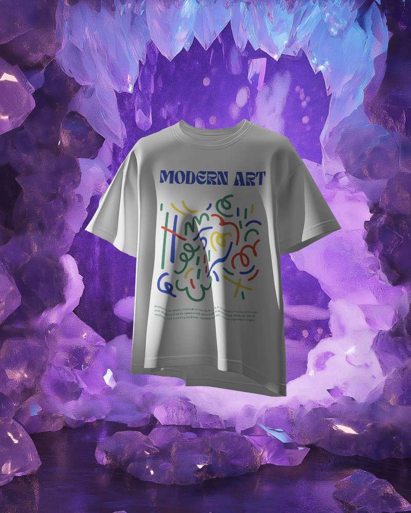 Round Neck Tshirt Mockup In Purple Crystal Cave