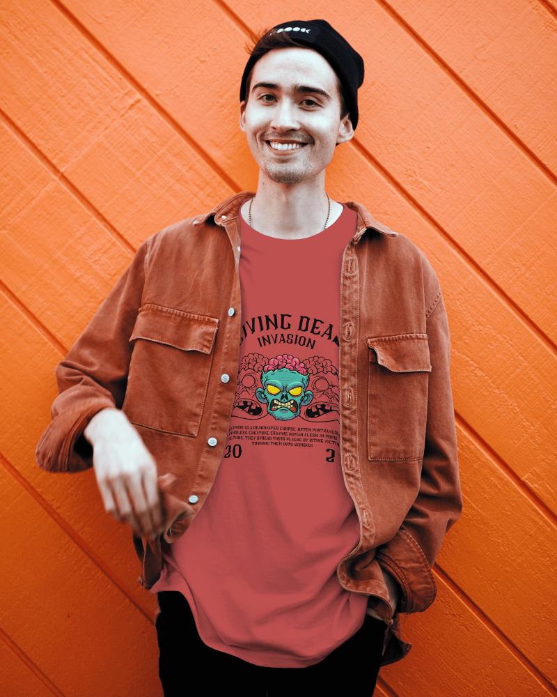 Man Tshirt Mockup With Denim Jacket Against Orange Wall