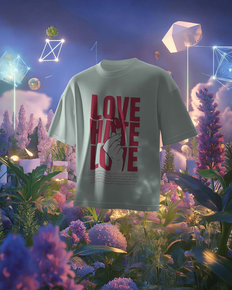 3D Tshirt Mockup Floating In Suureal Garden With Astronomical Figures In Sky