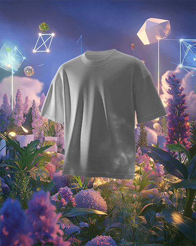 3D Tshirt Mockup Floating In Suureal Garden With Astronomical Figures In Sky